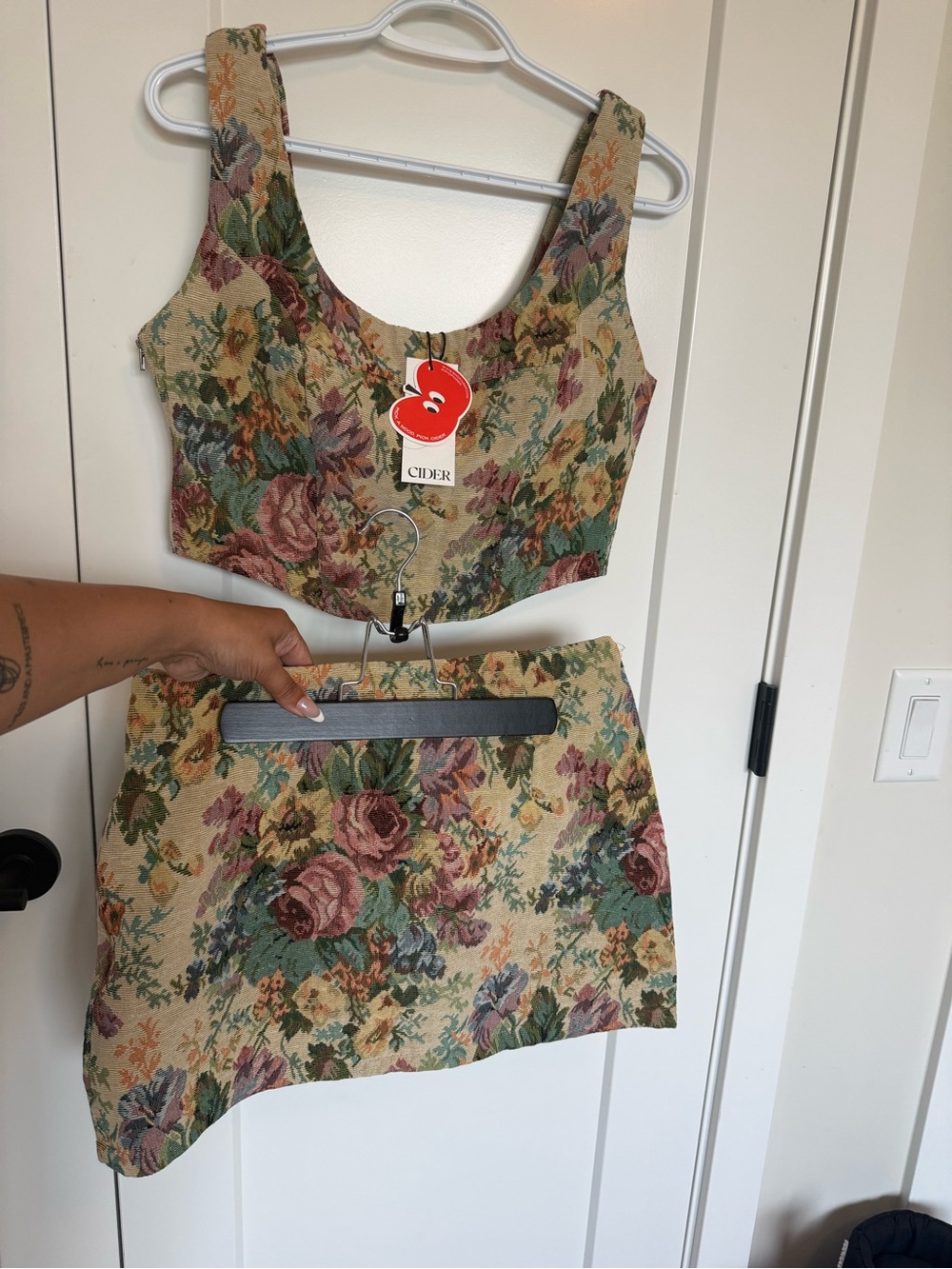 Cider Beige Multi Floral Tapestry Crop Top & Mini Skirt Set